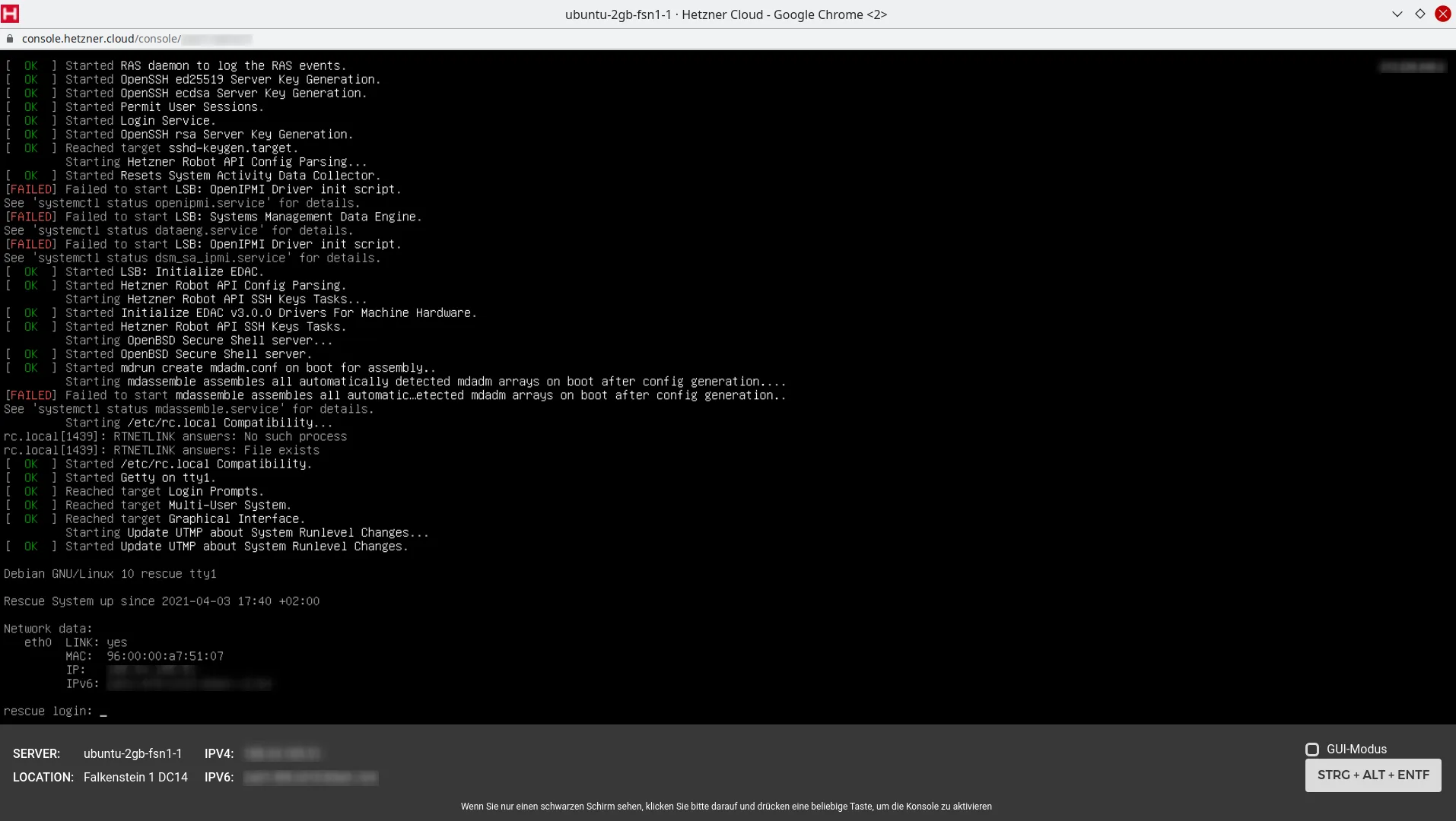 Hetzner Cloud server booted into rescue mode.