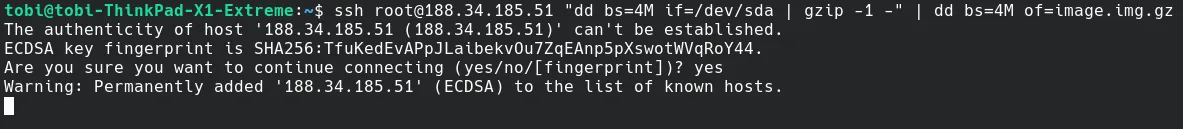Creating a snapshot with dd over SSH. The screenshot still uses gzip; the current recommendation is zstd.