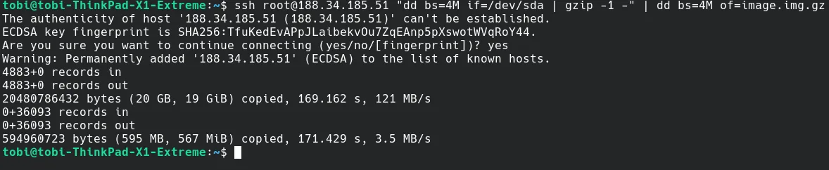 The source system read the full 20 GB of the disk, but compression (combined with lots of free space) brought the actually transferred volume down to ~600 MB.